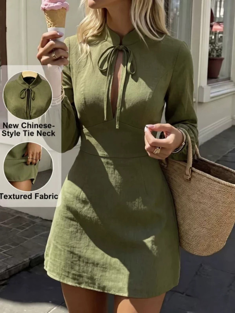 ZARA Retro Long Sleeve Stand Collar Lace Up Waist Cinching Mini Vacation Dress